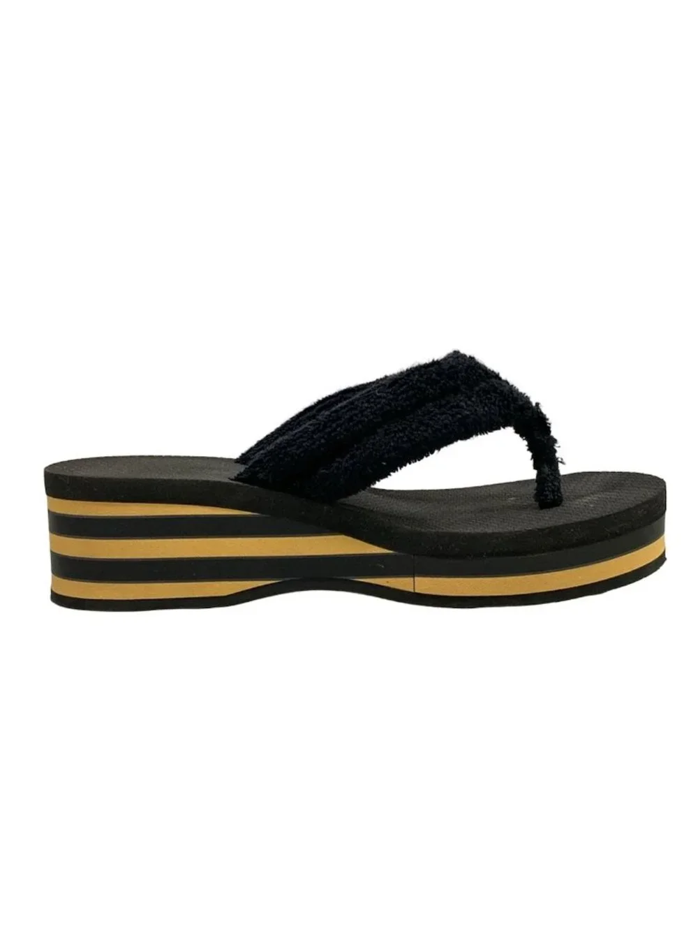 Chanel Beach Sandals Black Light Brown CC Logo Border Wedge Cotton
